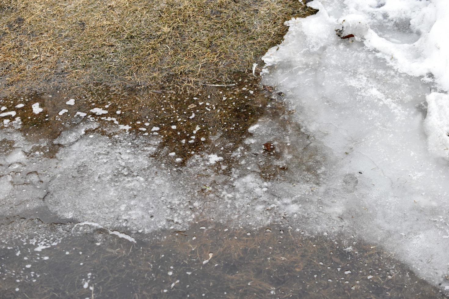 Spring puddles and water on the land of the dacha photo