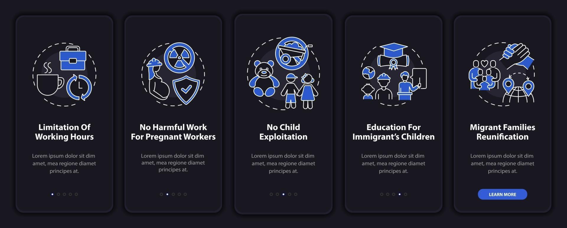 Migrant workers rights onboarding mobile app page screen with concepts vector