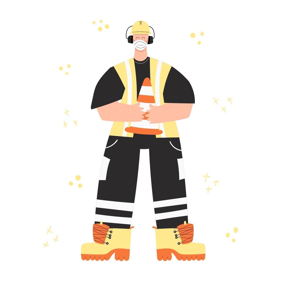 Worker during covid 19 pandemic with traffic cone vector