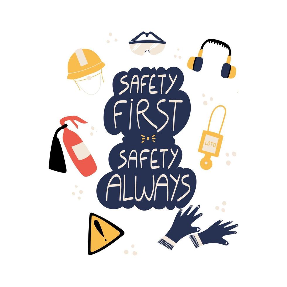 Safety first Safety always handwritten phrase with PPE and safety tools vector