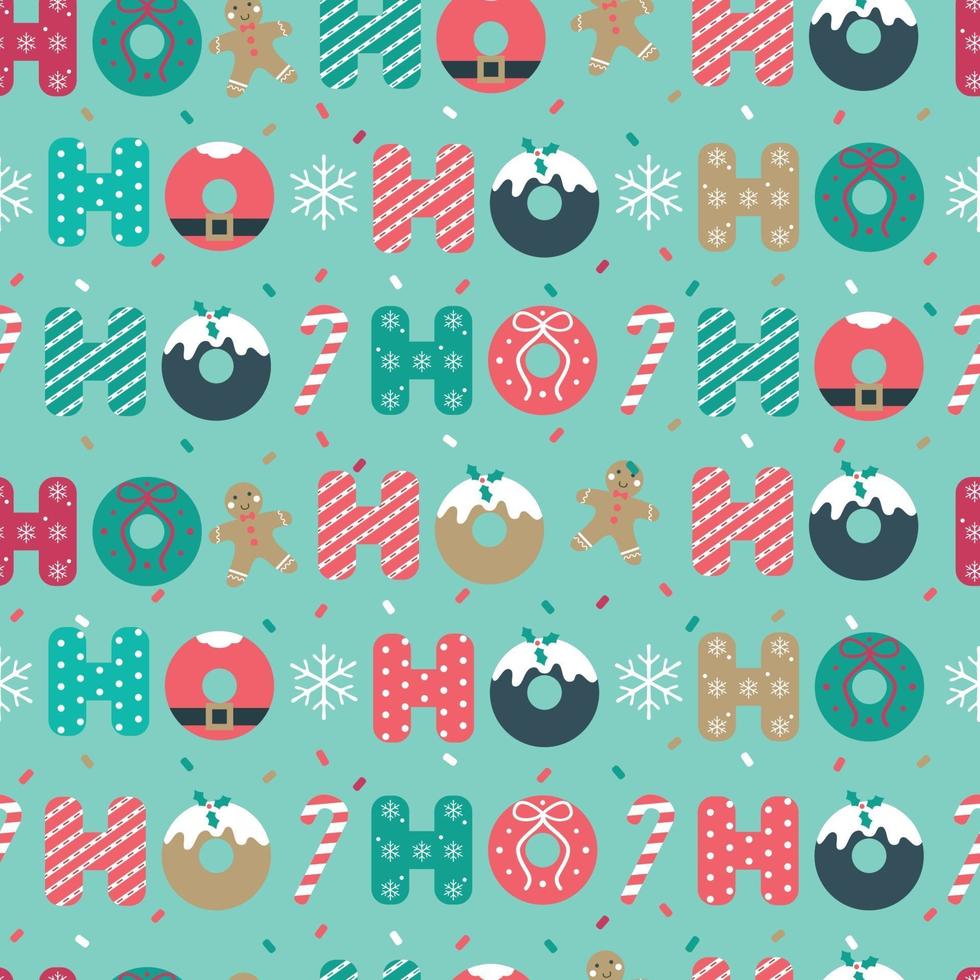 Christmas seamless pattern with Ho Ho Ho and snowflakes on blue background. Vector illustration.