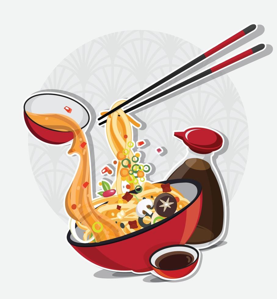 sopa de fideos asiáticos en un tazón, comida asiática, ilustración vectorial vector