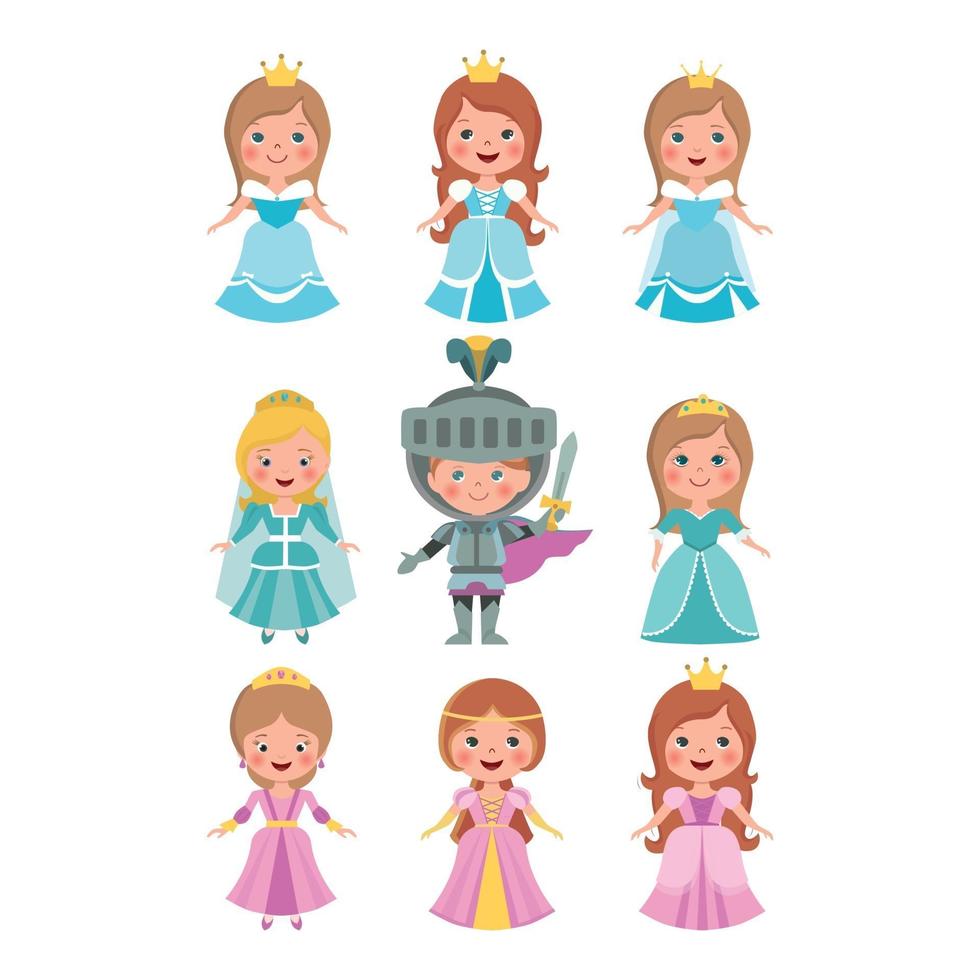 Set of cut little princess doll and knight on white background. vector