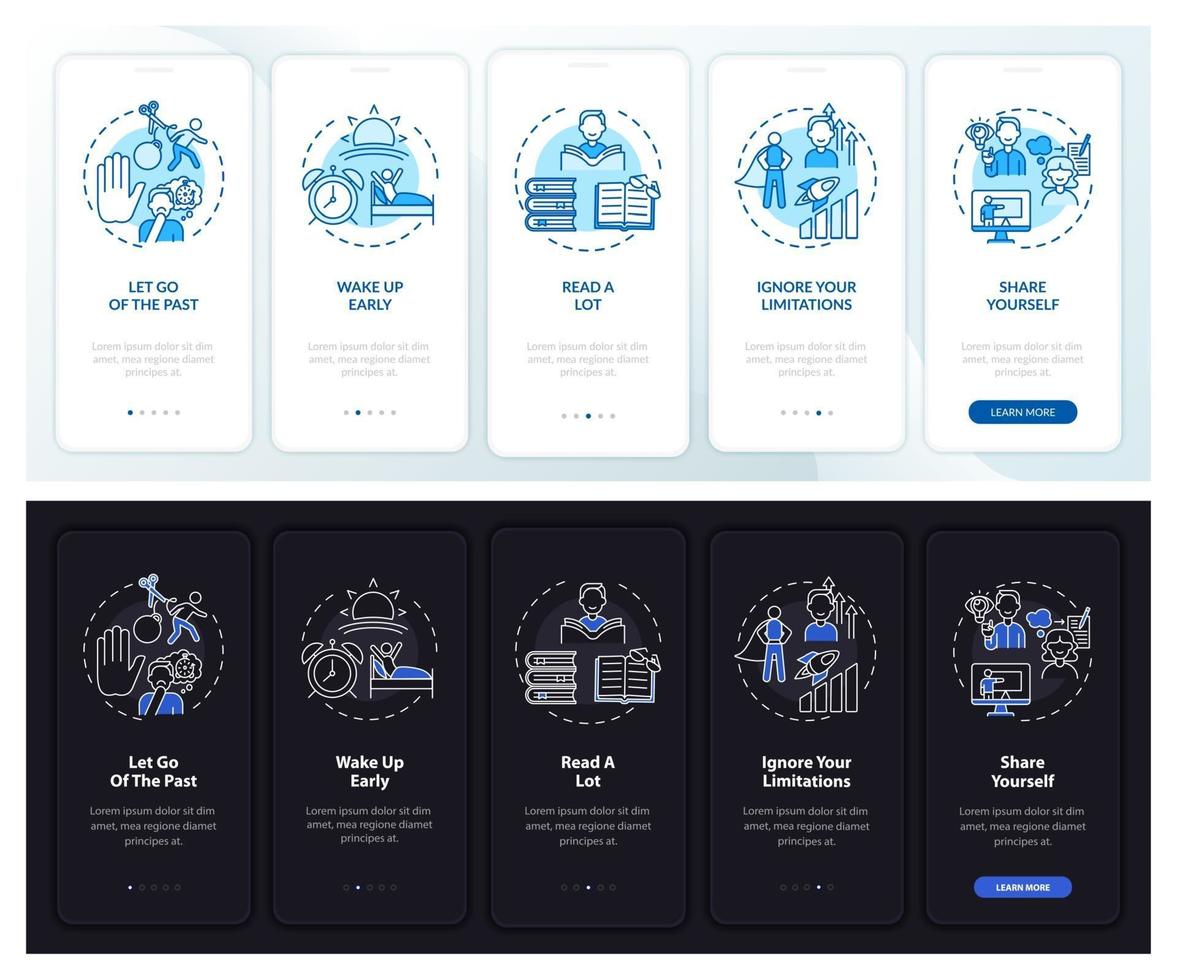 Self-development tips onboarding mobile app page screen with concepts vector