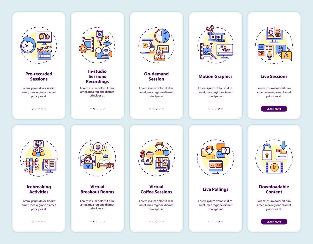 Virtual sessions onboarding mobile app page screen with concepts set vector