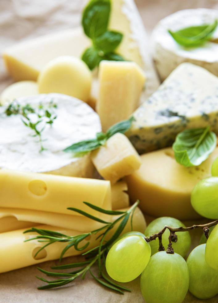 Various types of cheese, basil and grapes photo