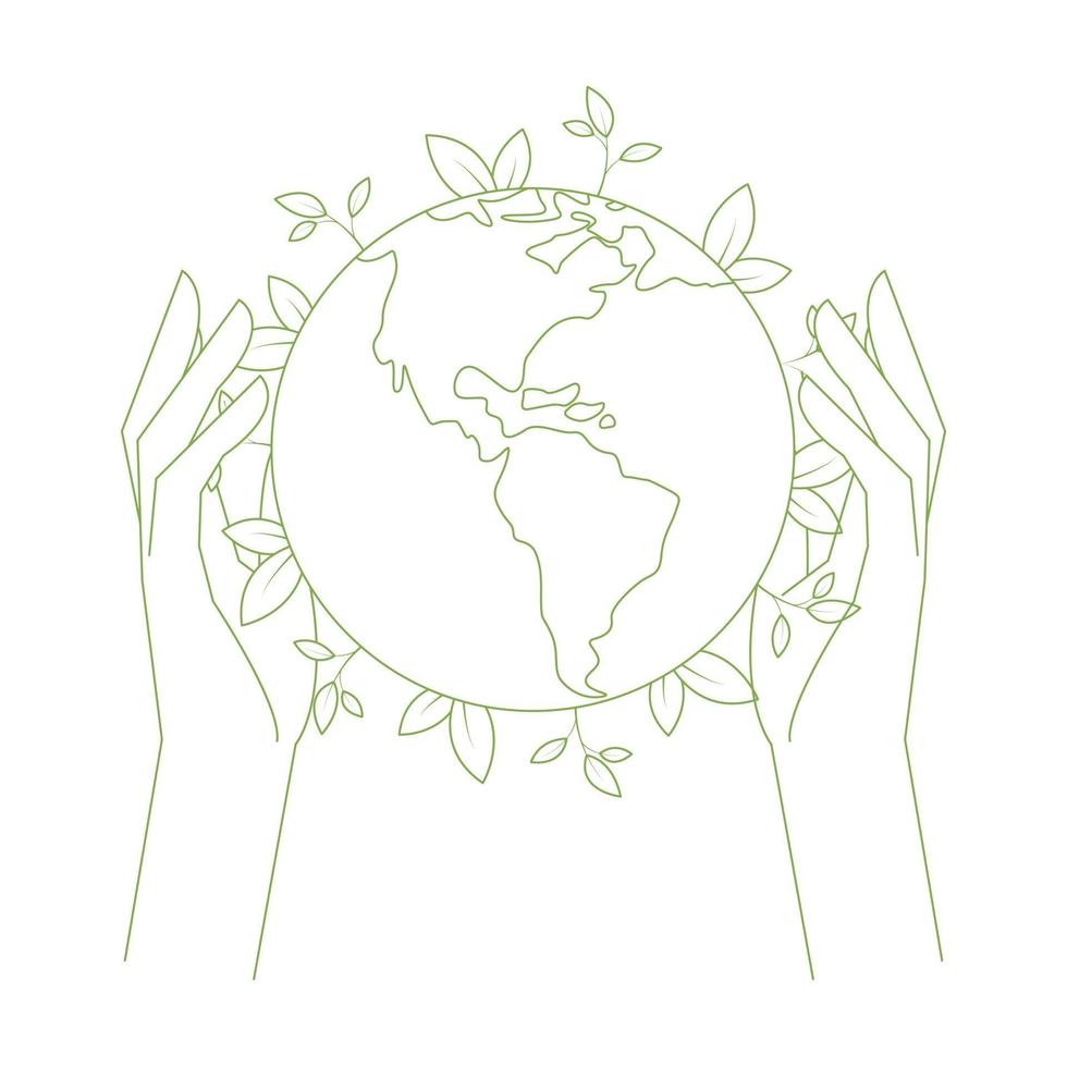 Outline hand and green earth for Earth Day vector