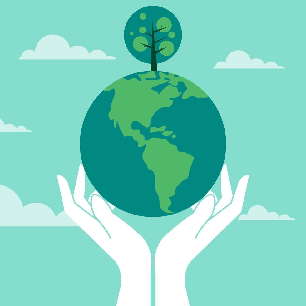 Flat illustration of hand with earth and growing tree vector