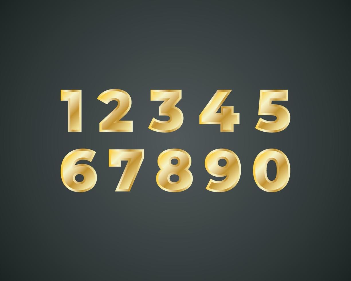 Golden shiny metal numbers set, gold font signs isolated on black background. Luxury fashion typography vector