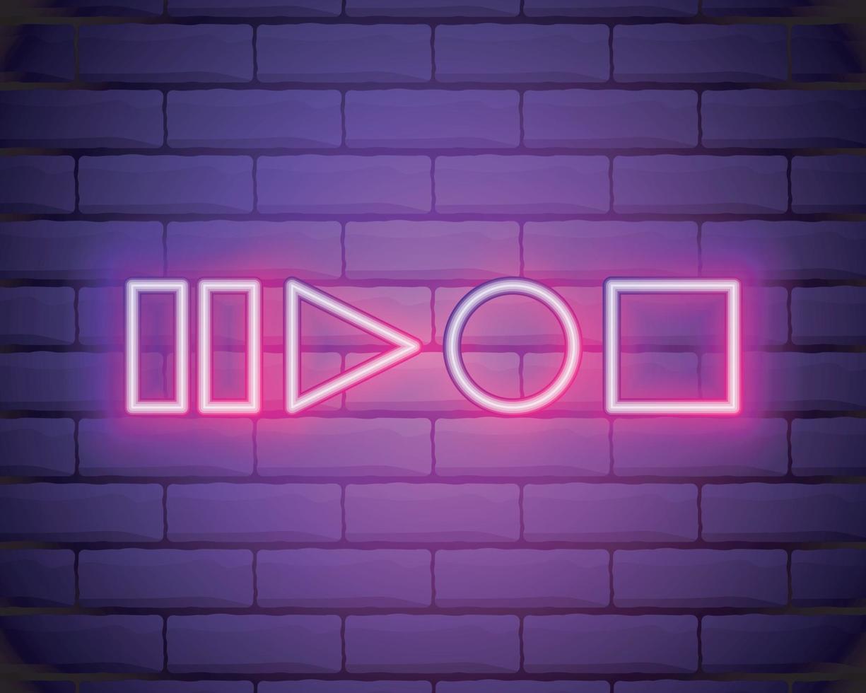 Neon player button signs vector isolated on brick wall. Play, stop, pause button light symbol