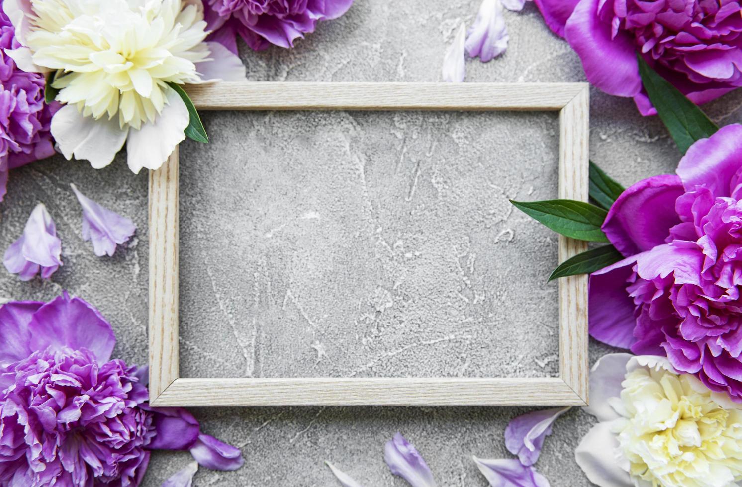 Wooden frame surrounded by beautiful pink peonies on a grey concrete background photo