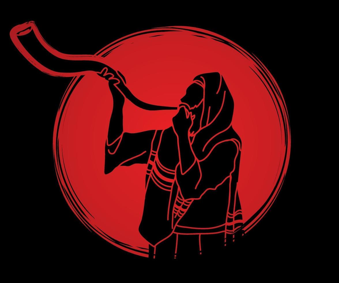 A Man Blowing the Shofar on Sunset Background vector