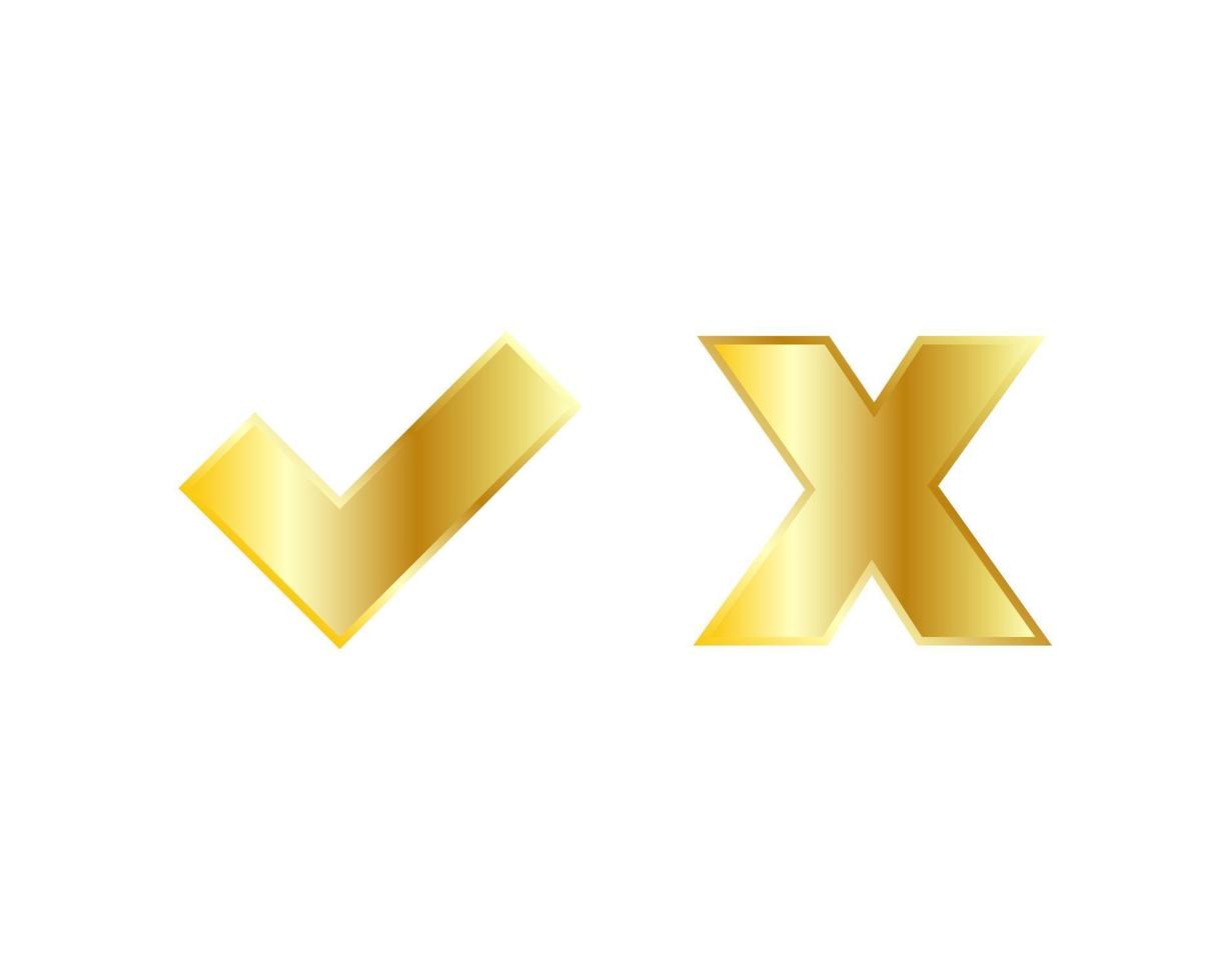 Check and reject icon. Gold vector illustration. Gold approved sign. Reject symbol