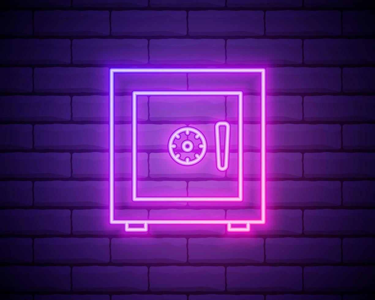 Glowing neon safe line icon on brick wall background vector