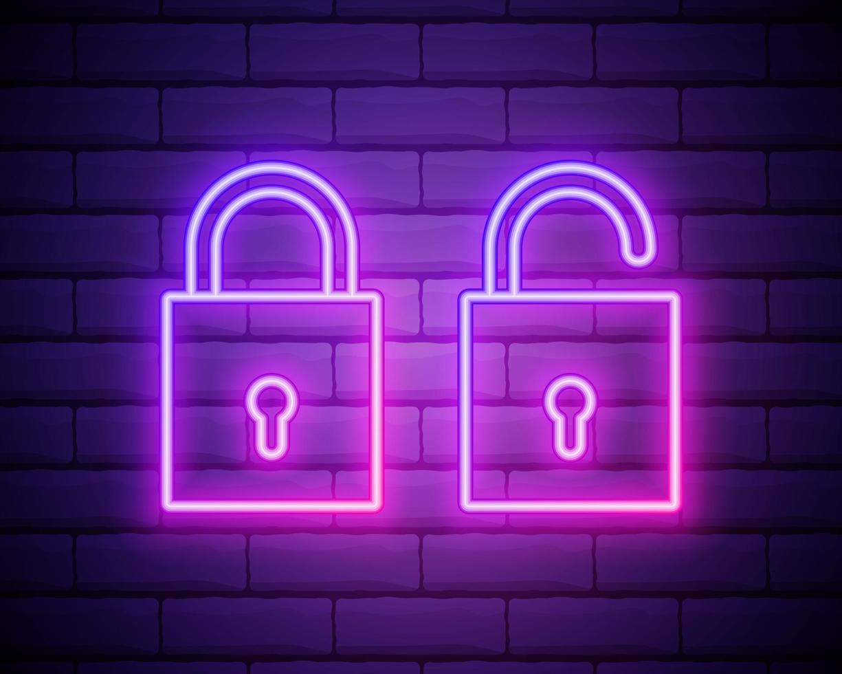 Neon padlock set on brick wall background vector