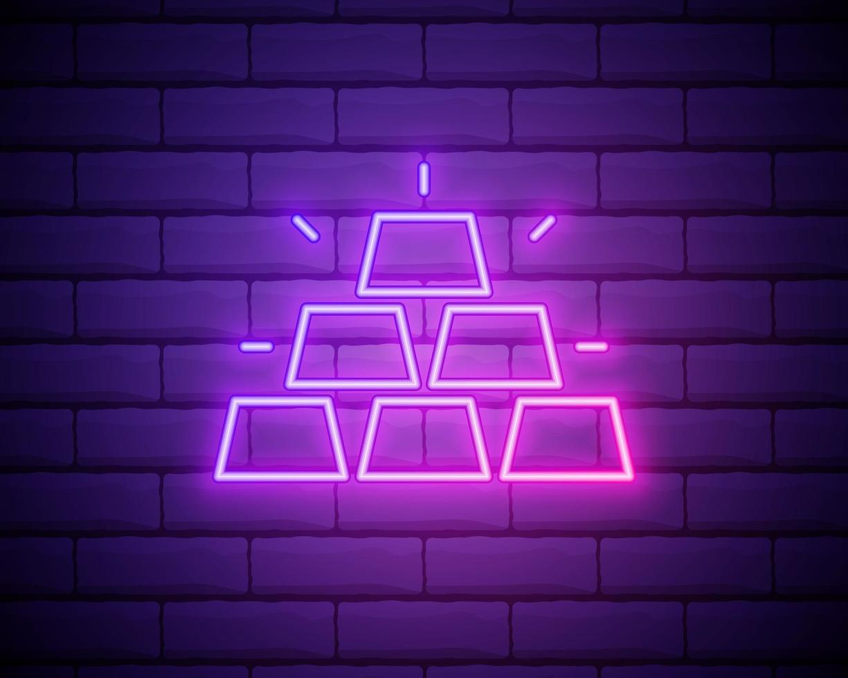 Glowing neon Gold bars icon isolated on brick wall background. Banking business concept. Vector Illustration