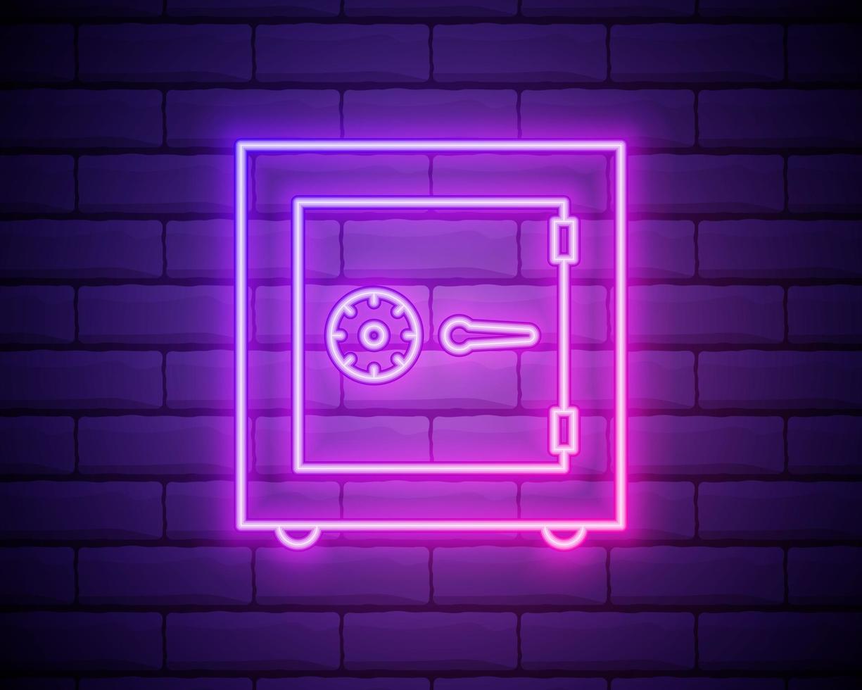 Glowing neon line Safe icon isolated on brick wall background vector