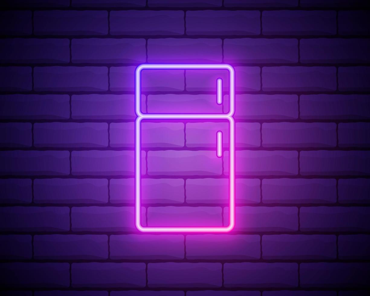 Icono de refrigerador de neón brillante aislado sobre fondo de pared de ladrillo vector