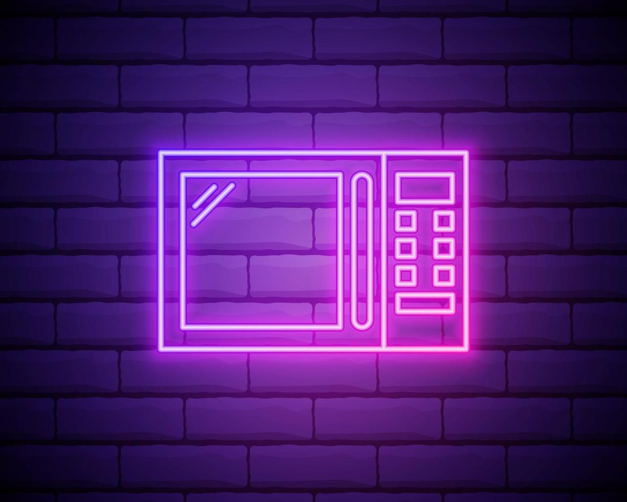 Glowing neon Microwave oven icon isolated on brick wall background vector