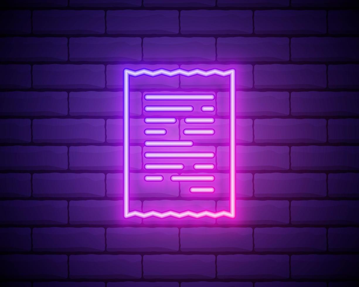 Glowing neon line Paper check and financial check icon isolated on brick wall background vector