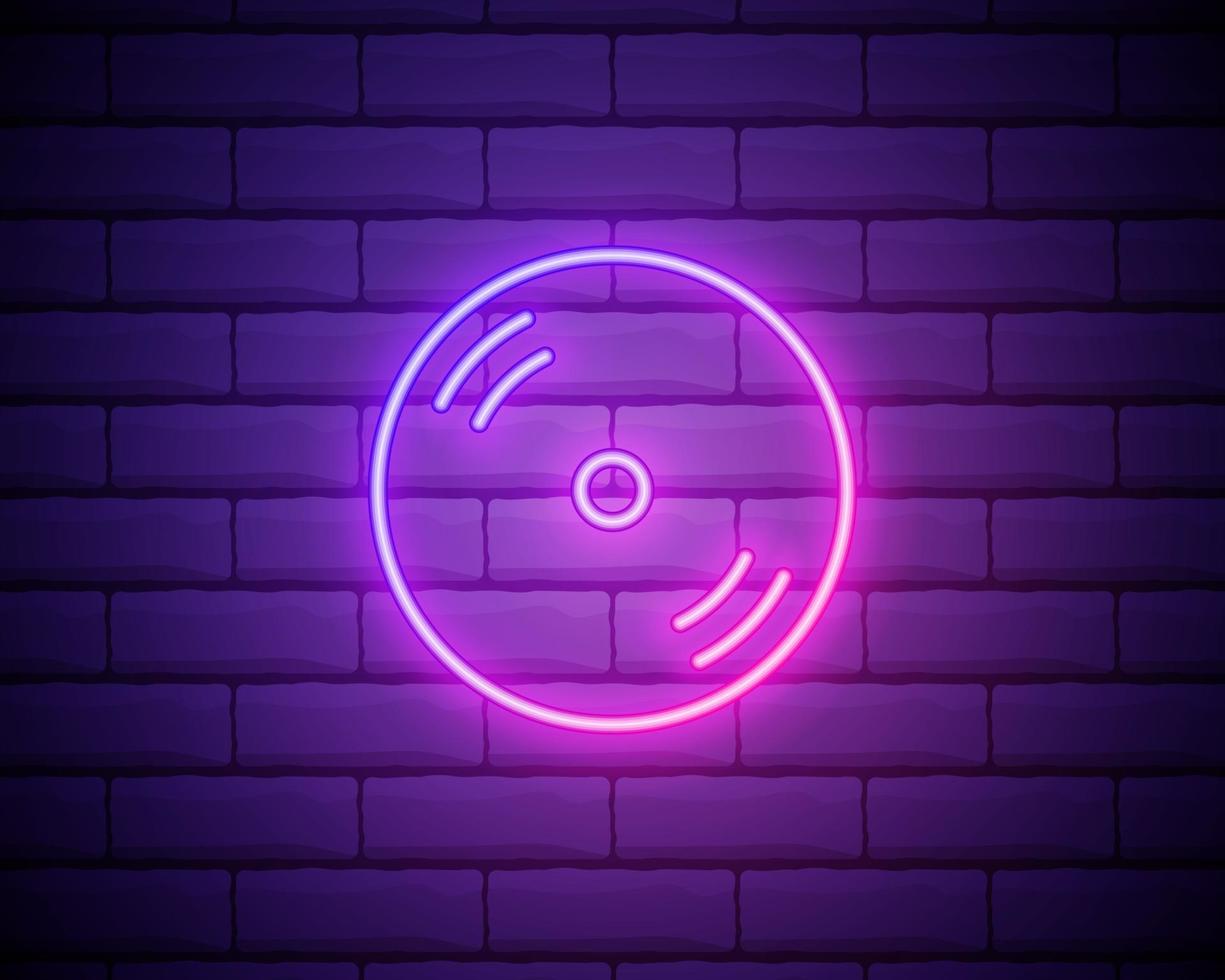 Glowing neon CD or DVD disk icon isolated on brick wall background. Compact disc sign vector