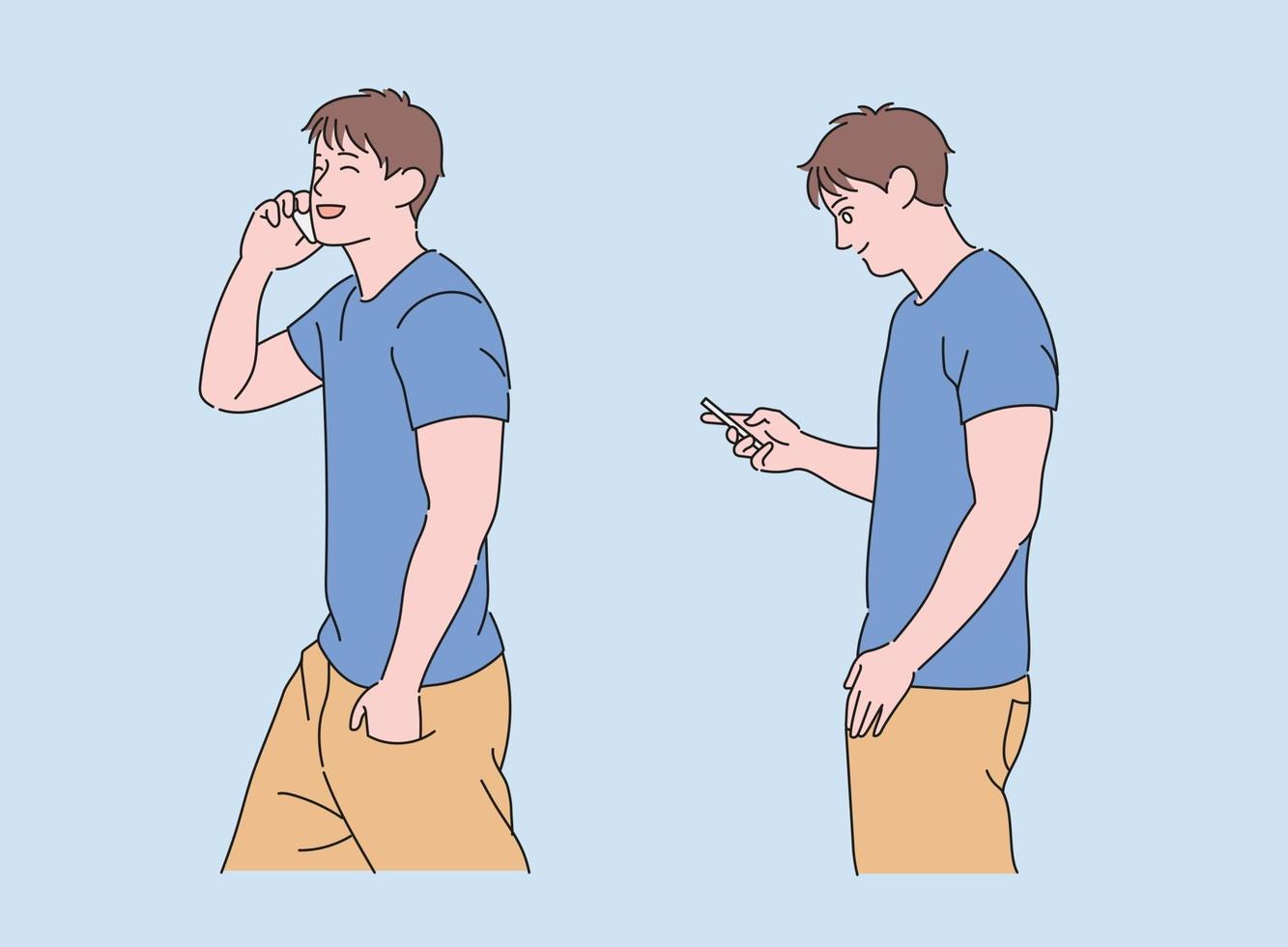 A man using a mobile phone. hand drawn style vector design illustrations.