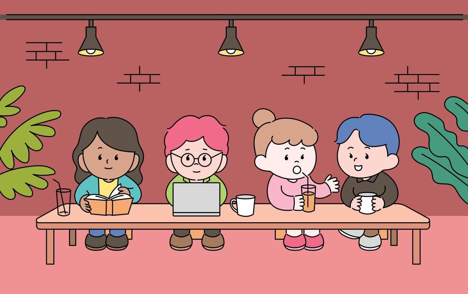 Cute characters are sitting at the long cafe table. People are reading books, looking at laptops, and chatting with friends. hand drawn style vector design illustrations.