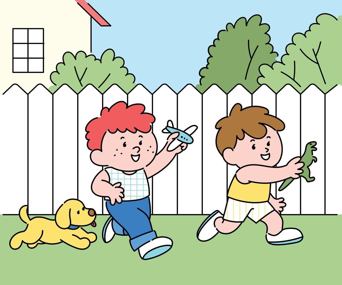 Two boys are playing together in the yard. hand drawn style vector design illustrations.