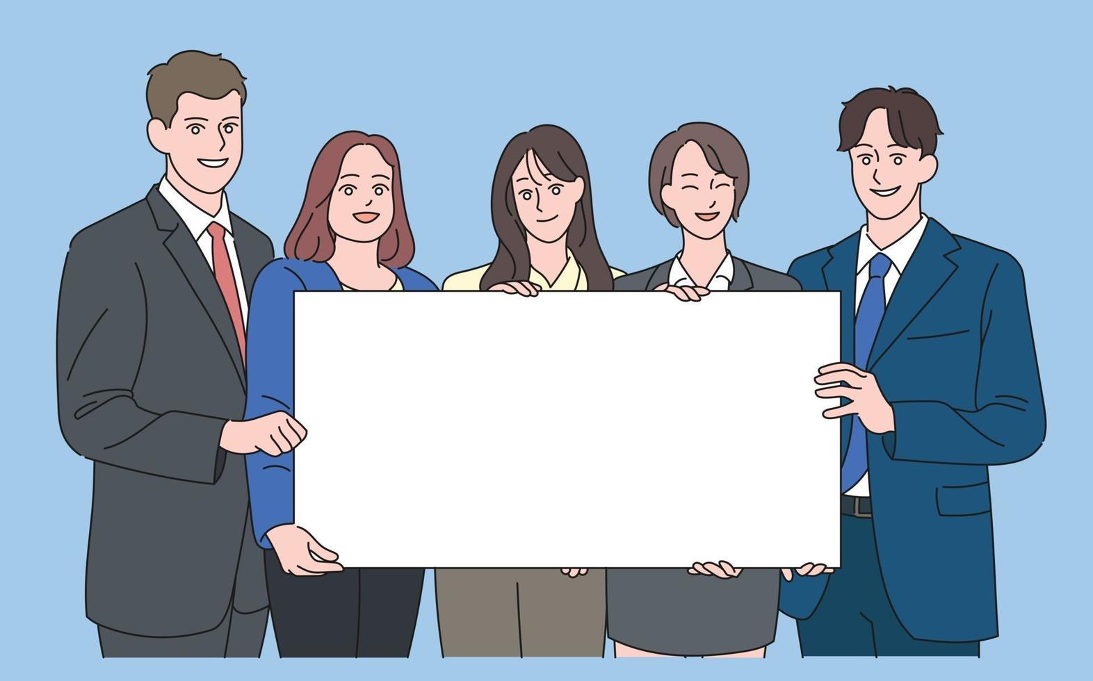 Business people in suits are holding together a large white board. hand drawn style vector design illustrations.