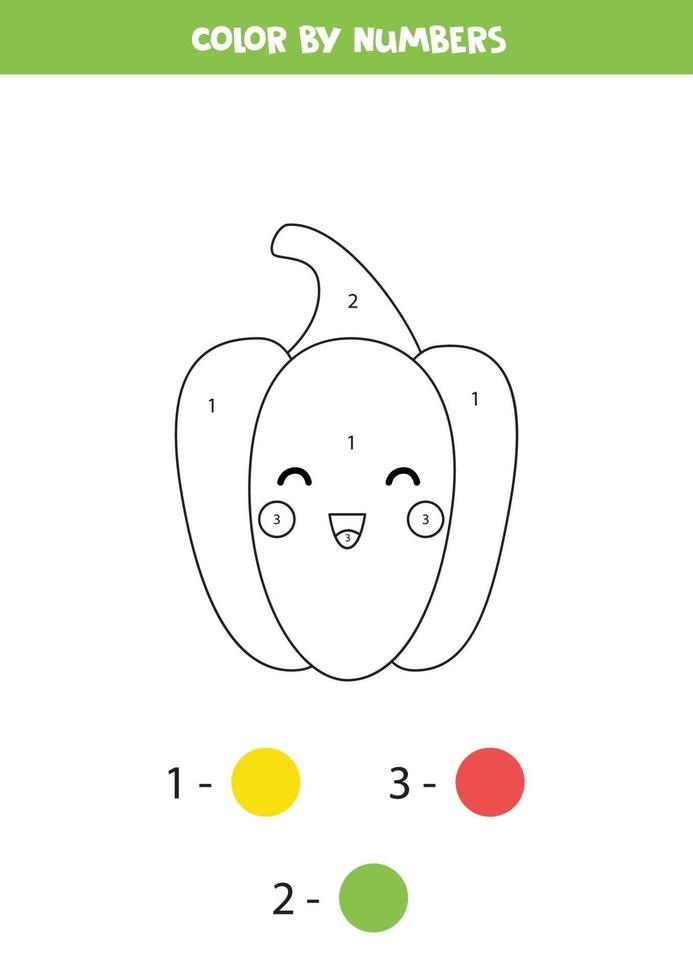 Color cute kawaii yellow pepper by numbers. vector