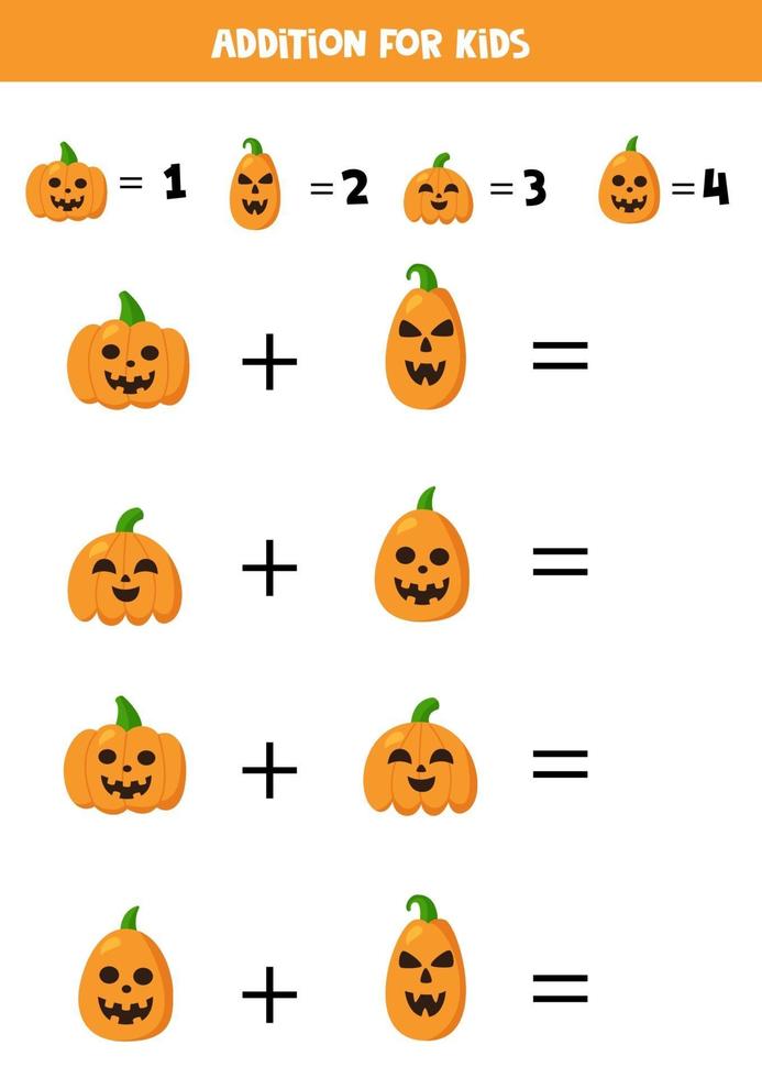 Addition for kids with spooky Halloween pumpkins. vector