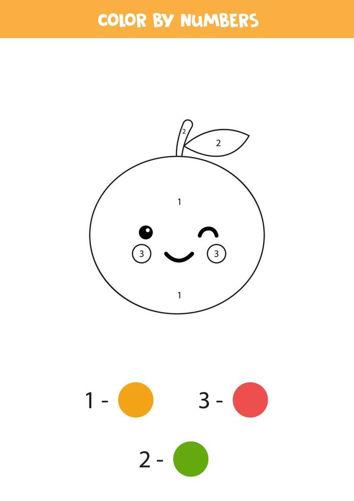 Coloring page with cute kawaii orange by numbers. vector