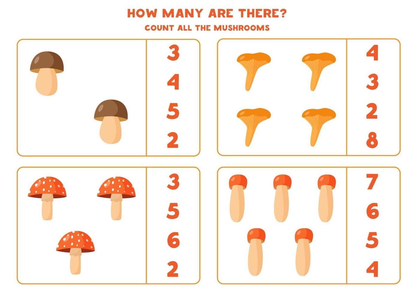 Counting game for kids. Math worksheet with forest mushrooms. vector