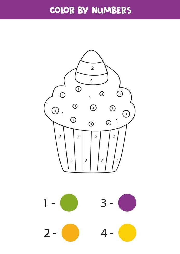 Coloring cute Halloween candy cupcake by numbers. Math game. vector