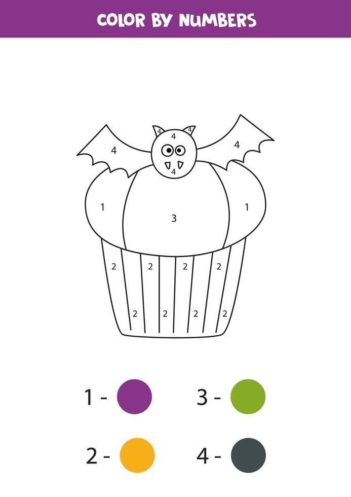 colorear cupcake de murciélago de halloween lindo por números. juego de matematicas. vector