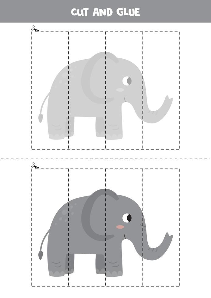 Cut and glue game for kids. Cute cartoon grey elephant. vector