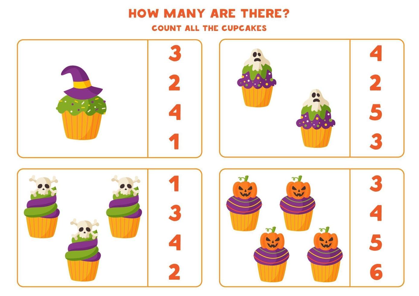 Math game with spooky cartoon Halloween muffins. vector