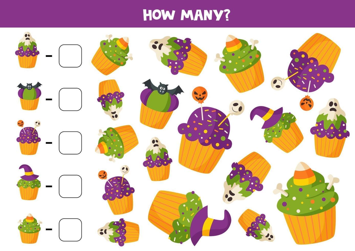 Math game with spooky cartoon Halloween muffins. vector
