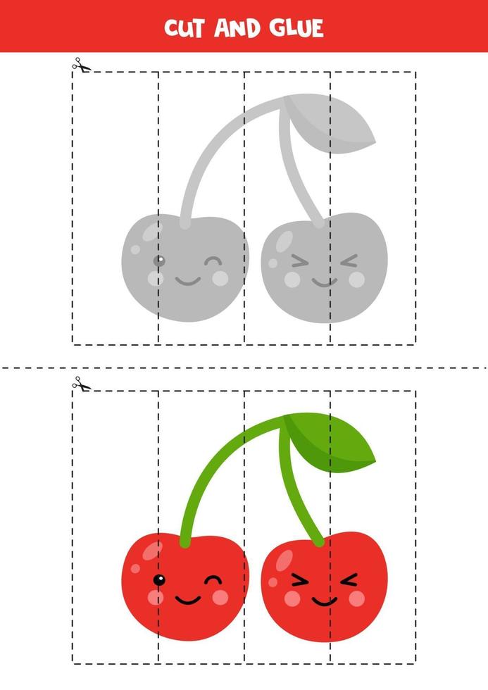 Cut and glue game with cute kawaii cherry. vector