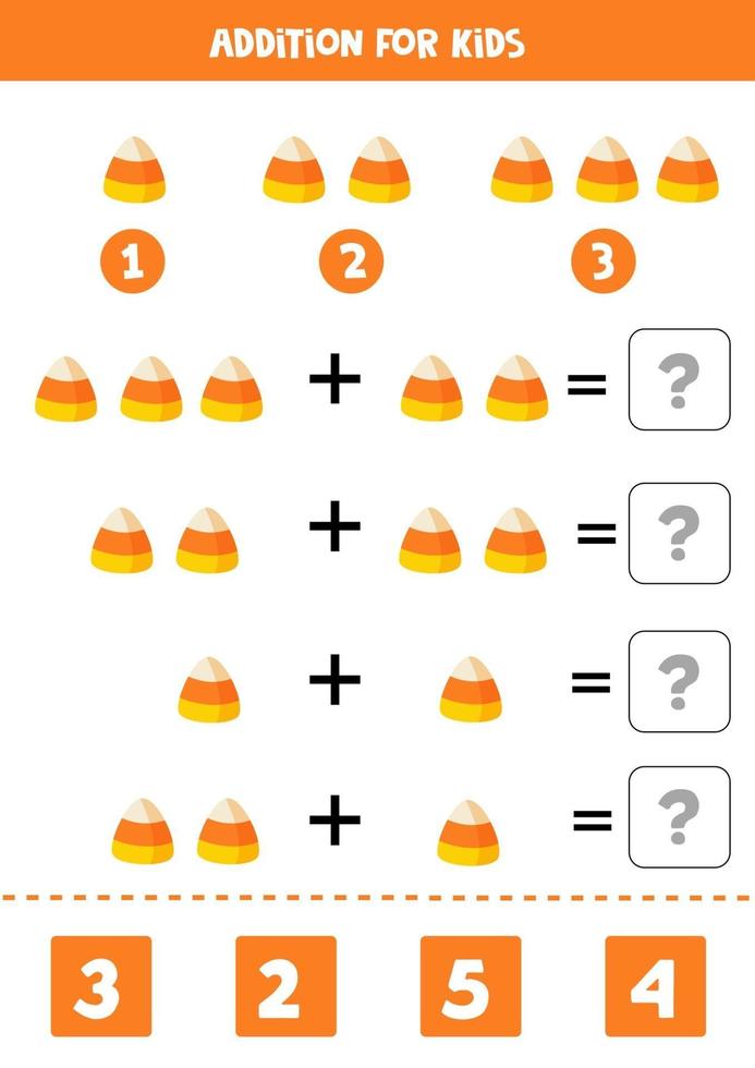 Addition math game with cute cartoon Halloween candy. vector