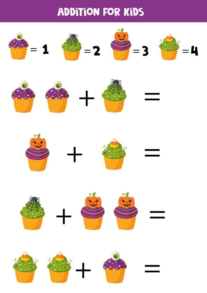 Addition with funny Halloween cupcakes. Math games. vector