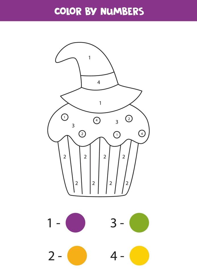 Coloring cute Halloween cupcake by numbers. Math game. vector