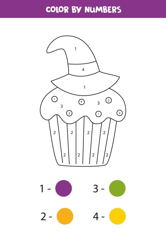 Colorear lindo cupcake de halloween por números. juego de matematicas. vector