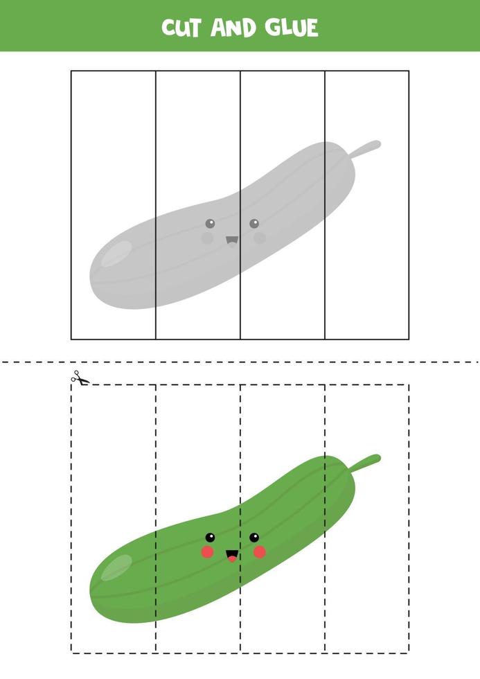 Cut and glue game for kids. Cute cartoon cucumber. vector