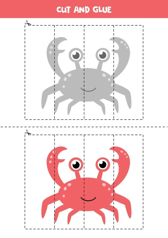 Cut and glue game for kids. Cute cartoon crab. vector