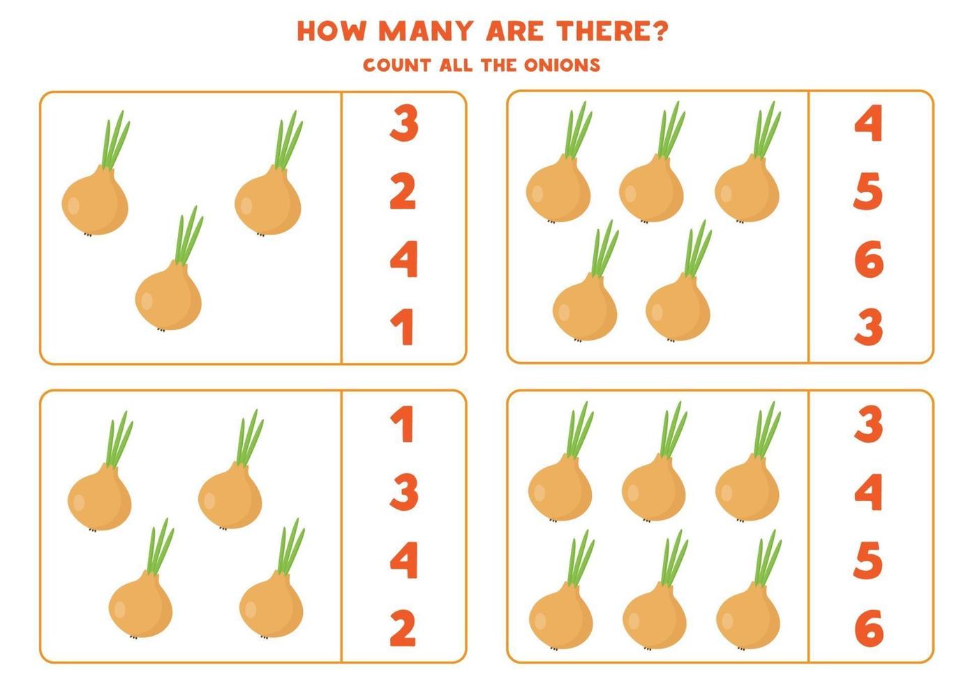 Counting game with cartoon onions. Math worksheet. vector