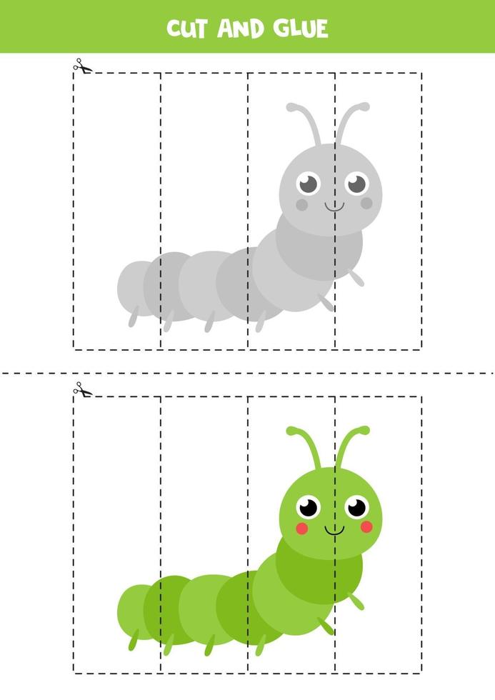 Cut and glue game for kids. Cute cartoon caterpillar. vector