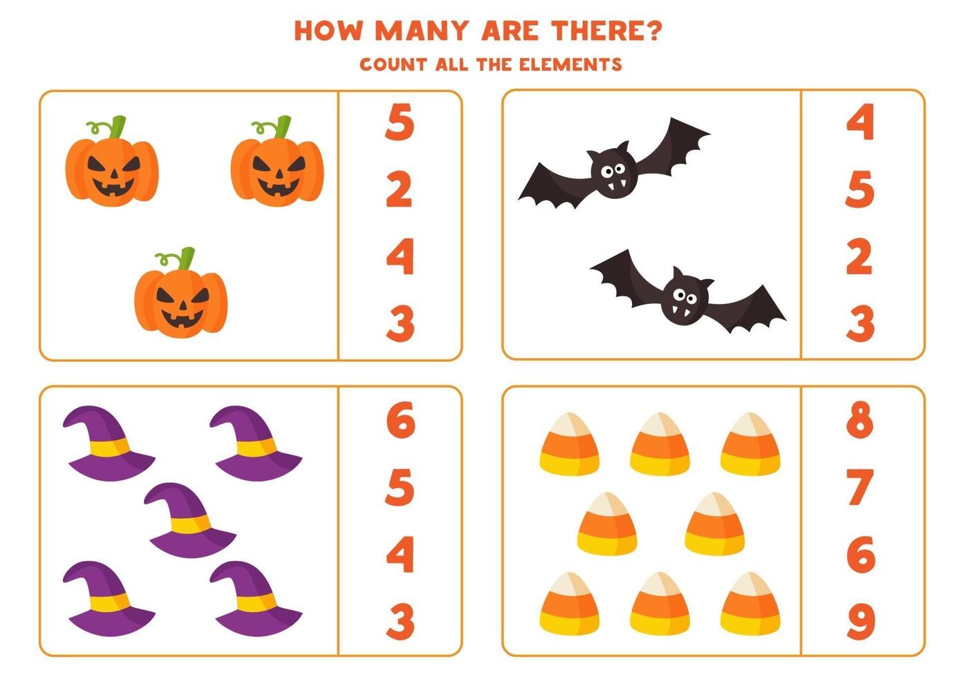 Math game with spooky cartoon Halloween elements. vector
