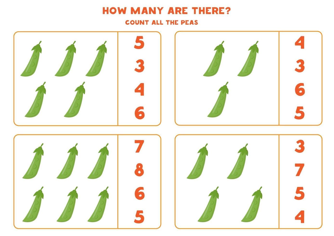 Counting game with cartoon green peas. Math worksheet. vector