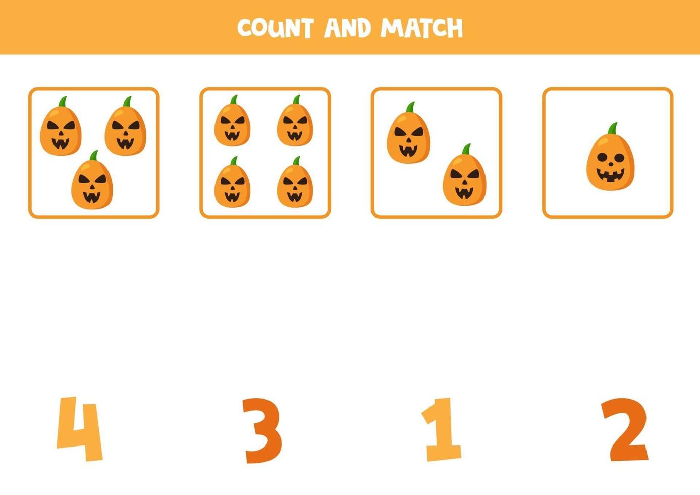 Count all spooky pumpkins and match with numbers. vector